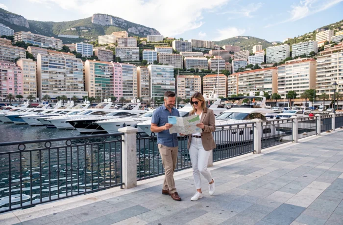 Couple se promenant sur le port Hercule de Monaco en consultant un plan de la ville