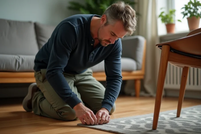 Homme installant des patins feutres sous les pieds d'un fauteuil en bois dans un salon moderne, conseil entretien parquet