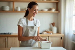Femme en tablier gris renovant des portes d'armoire de cuisine avec de la peinture blanche, astuce bricolage maison
