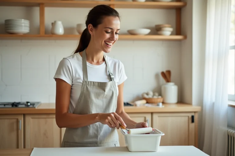 Femme en tablier gris renovant des portes d'armoire de cuisine avec de la peinture blanche, astuce bricolage maison