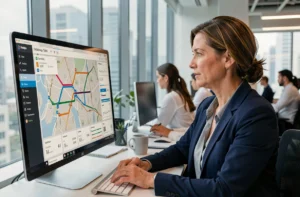 Responsable logistique analysant un logiciel d'optimisation de livraison sur un écran d'ordinateur dans un bureau moderne