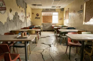 Intérieur abandonné d'un ancien restaurant fast-food français des années 1990 avec mobilier d'époque poussiéreux et décoration désuète