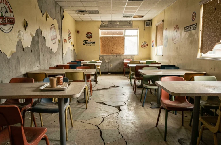 Intérieur abandonné d'un ancien restaurant fast-food français des années 1990 avec mobilier d'époque poussiéreux et décoration désuète