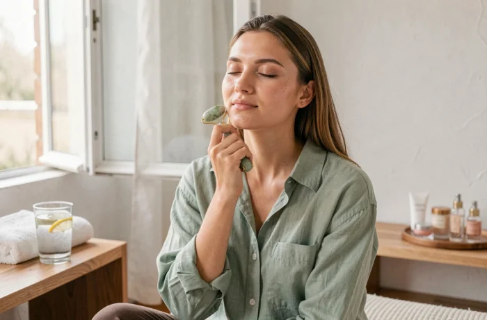 Jeune femme utilisant un rouleau de jade pour masser son visage lors d'une routine beauté naturelle et bien-être à domicile