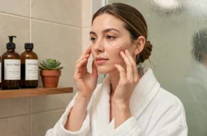 Femme appliquant un sérum naturel sur son visage dans une salle de bain minimaliste pour une routine beauté quotidienne