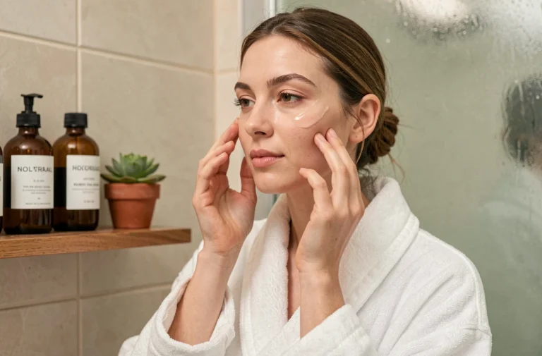 Femme appliquant un sérum naturel sur son visage dans une salle de bain minimaliste pour une routine beauté quotidienne