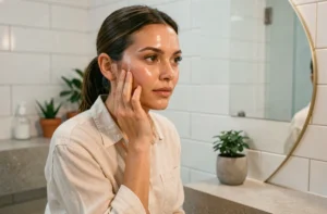 Femme appliquant un sérum de soin sur son visage devant un miroir rond dans une salle de bain minimaliste