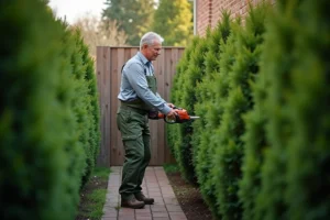 Homme utilisant un taille-haie sans fil pour entretenir une haie de thuyas dans un jardin privatif