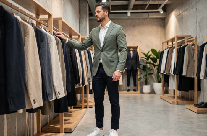 Homme en blazer vert sauge tendance dans un concept store minimaliste parcourant des vêtements élégants