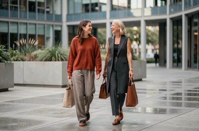 Deux femmes aux styles tendance complémentaires marchant et riant dans une plaza urbaine moderne