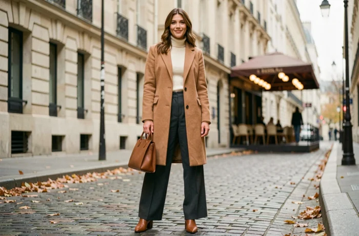 Femme élégante portant un manteau camel tendance et un pantalon large dans une rue pavée parisienne en automne