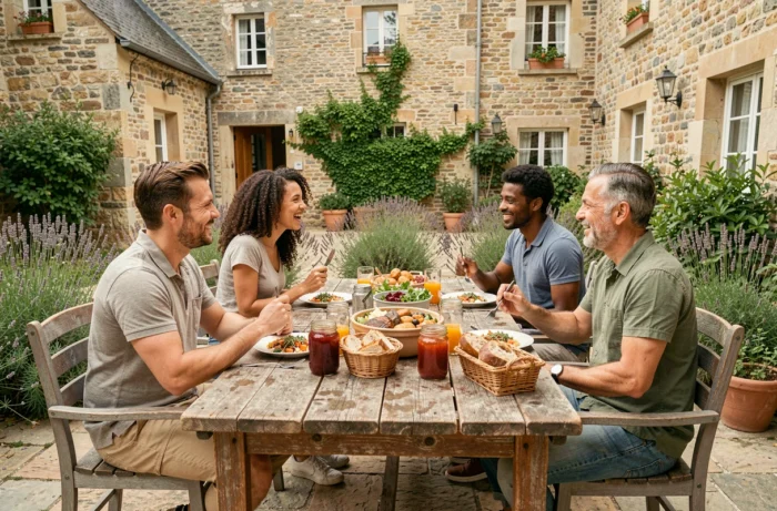 Voyageurs partageant un repas sur la terrasse d'un hébergement éthique en village français, vacances responsables et solidaires