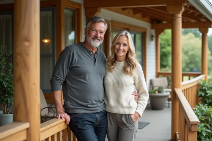 Couple épanoui devant leur maison de style craftsman, évoquant la vie familiale discrète et stable de Timothy Olyphant et Alexis Knief
