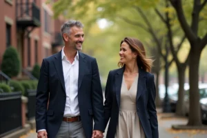 Timothy Olyphant et sa femme Alexis Knief se promenant ensemble dans un quartier résidentiel, souriants et complices