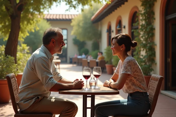 Couple discret en terrasse de restaurant, représentant la vie privée et sereine de Timothy Olyphant et Alexis Knief