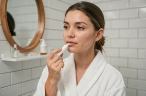 Jeune femme appliquant une crème dermatologique sur un bouton au menton dans une salle de bain propre et organisée