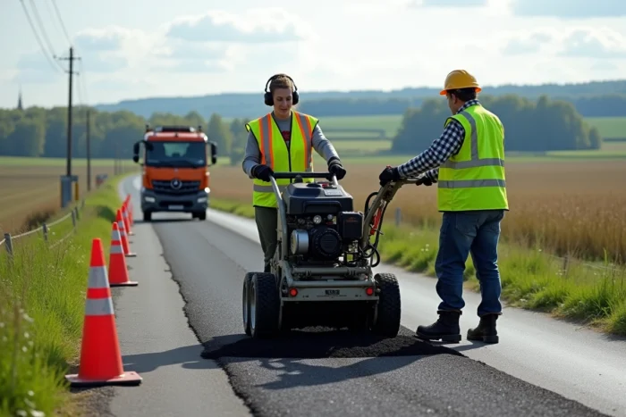 Équipe municipale réalisant des travaux de réfection de la chaussée sur une route communale rurale