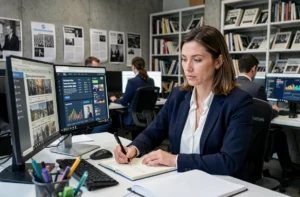 Journaliste femme analysant l'actualité mondiale sur des écrans d'ordinateur dans une salle de rédaction moderne