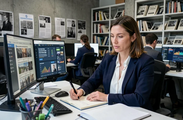 Journaliste femme analysant l'actualité mondiale sur des écrans d'ordinateur dans une salle de rédaction moderne