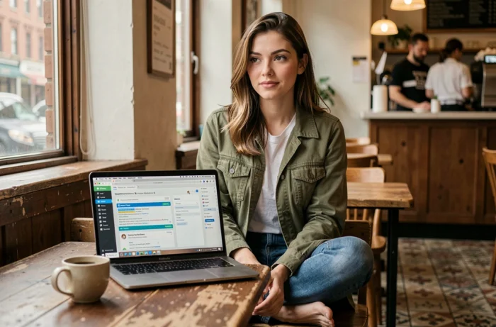Jeune femme réalisant sa veille informationnelle sur un ordinateur portable dans un café parisien