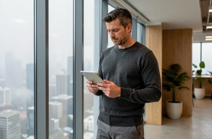 Homme consultant un agrégateur d'actualités sur tablette devant une baie vitrée avec vue sur la ville