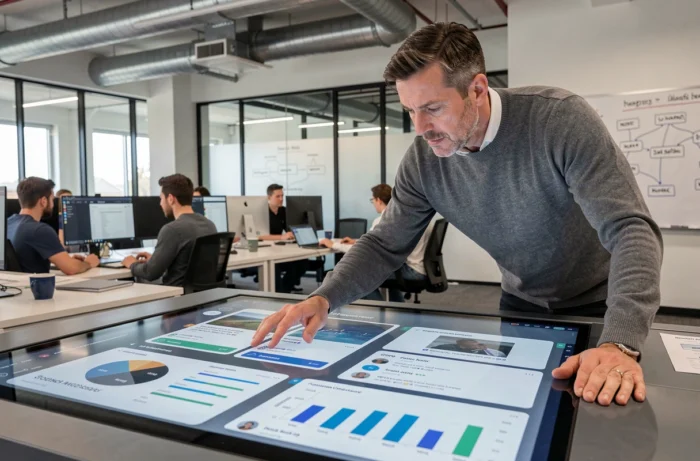 Professionnel masculin analysant des flux d'information sur une table tactile dans un open space collaboratif