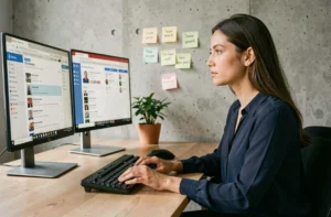 Femme professionnelle effectuant une veille web sur deux écrans dans un bureau moderne minimaliste