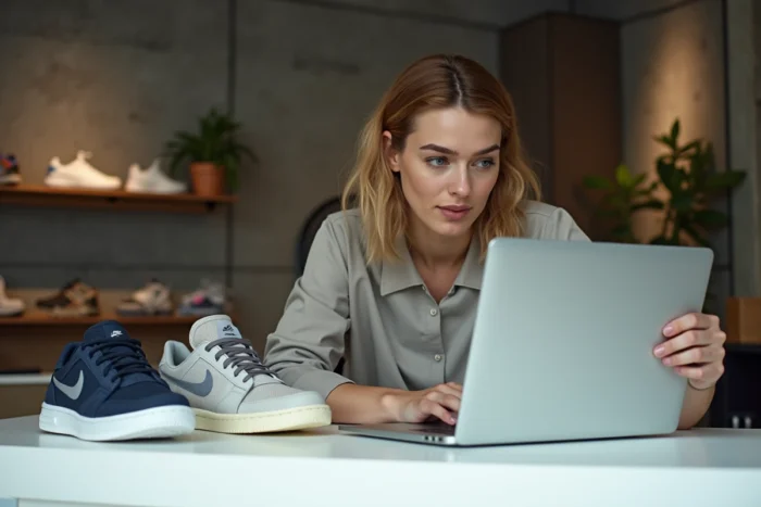 Femme comparant deux paires de Nike pour vérifier leur authenticité via le numéro de série