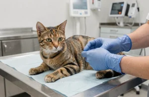 Vétérinaire examinant un jeune chat mâle tabby sur une table de consultation pour vérifier la descente des testicules