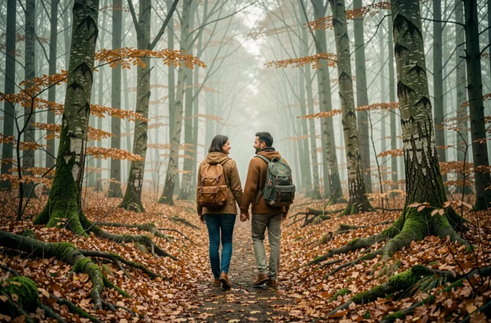 Couple se promenant main dans la main sur un sentier forestier automnal lors d'un voyage lent en pleine nature