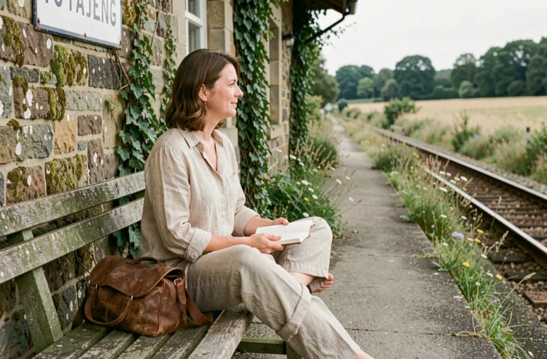 Femme assise sur un banc de gare rurale, lisant un livre lors d'un voyage lent et ressourçant