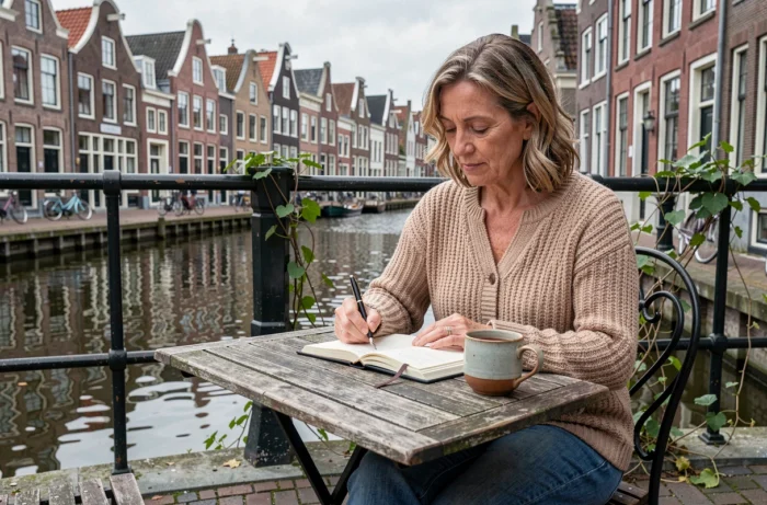Femme écrivant dans son journal de voyage à la terrasse d'un café au bord d'un canal européen