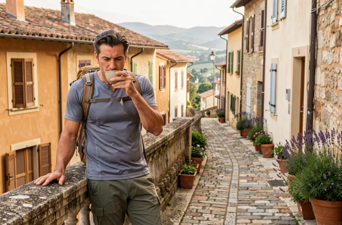 Homme savourant un café dans une ruelle pavée d'un village provençal lors d'un voyage au rythme lent